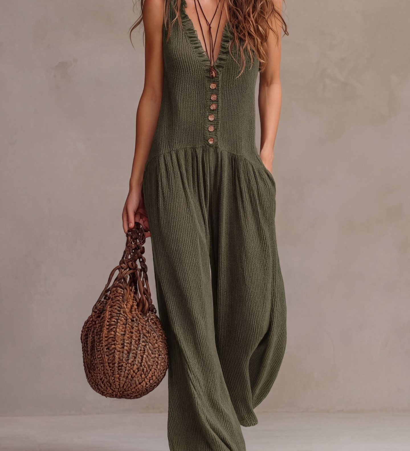 Vintage-Inspired Ruffled V-Neck Wide-Leg Jumpsuit