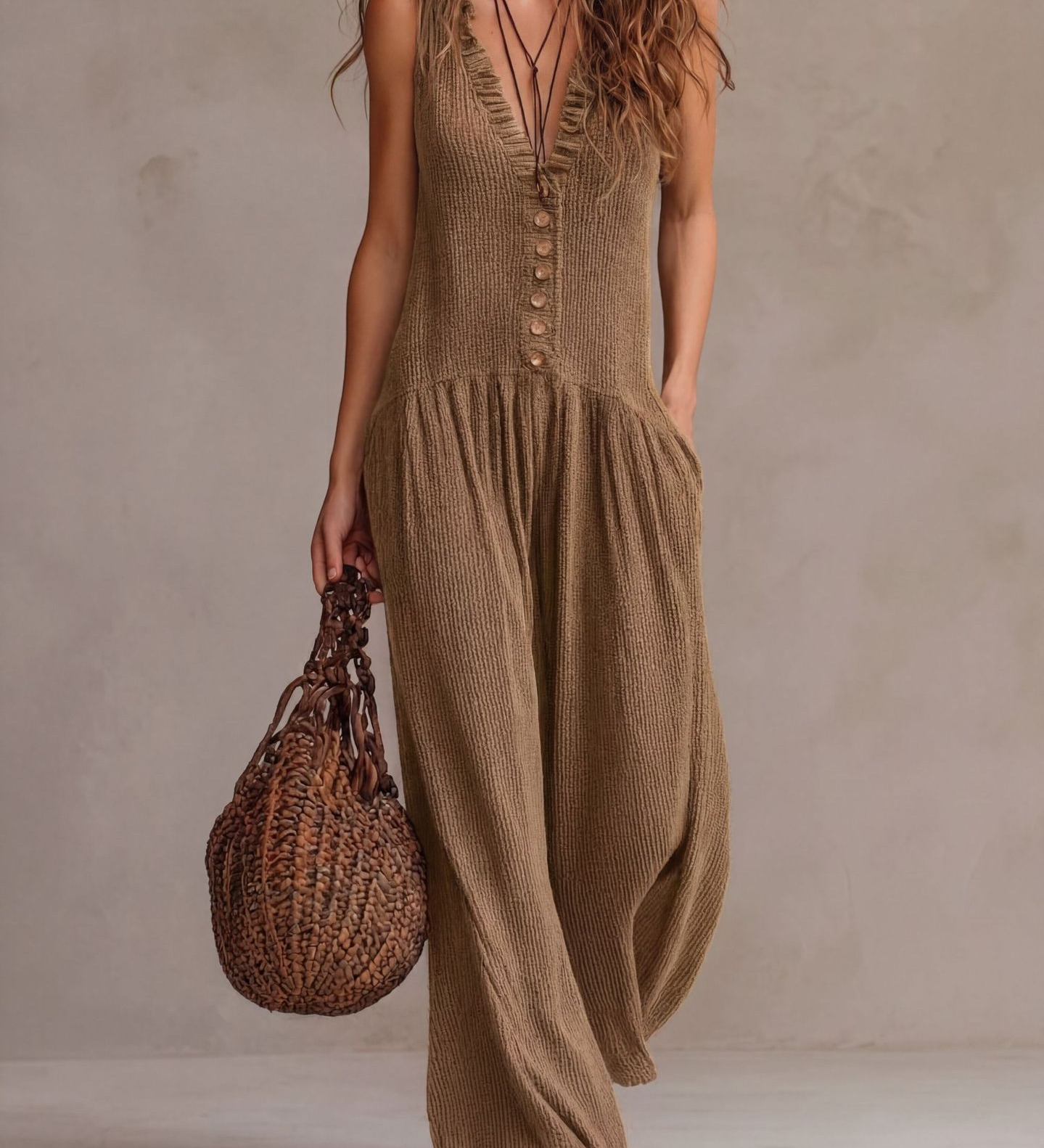 Vintage-Inspired Ruffled V-Neck Wide-Leg Jumpsuit