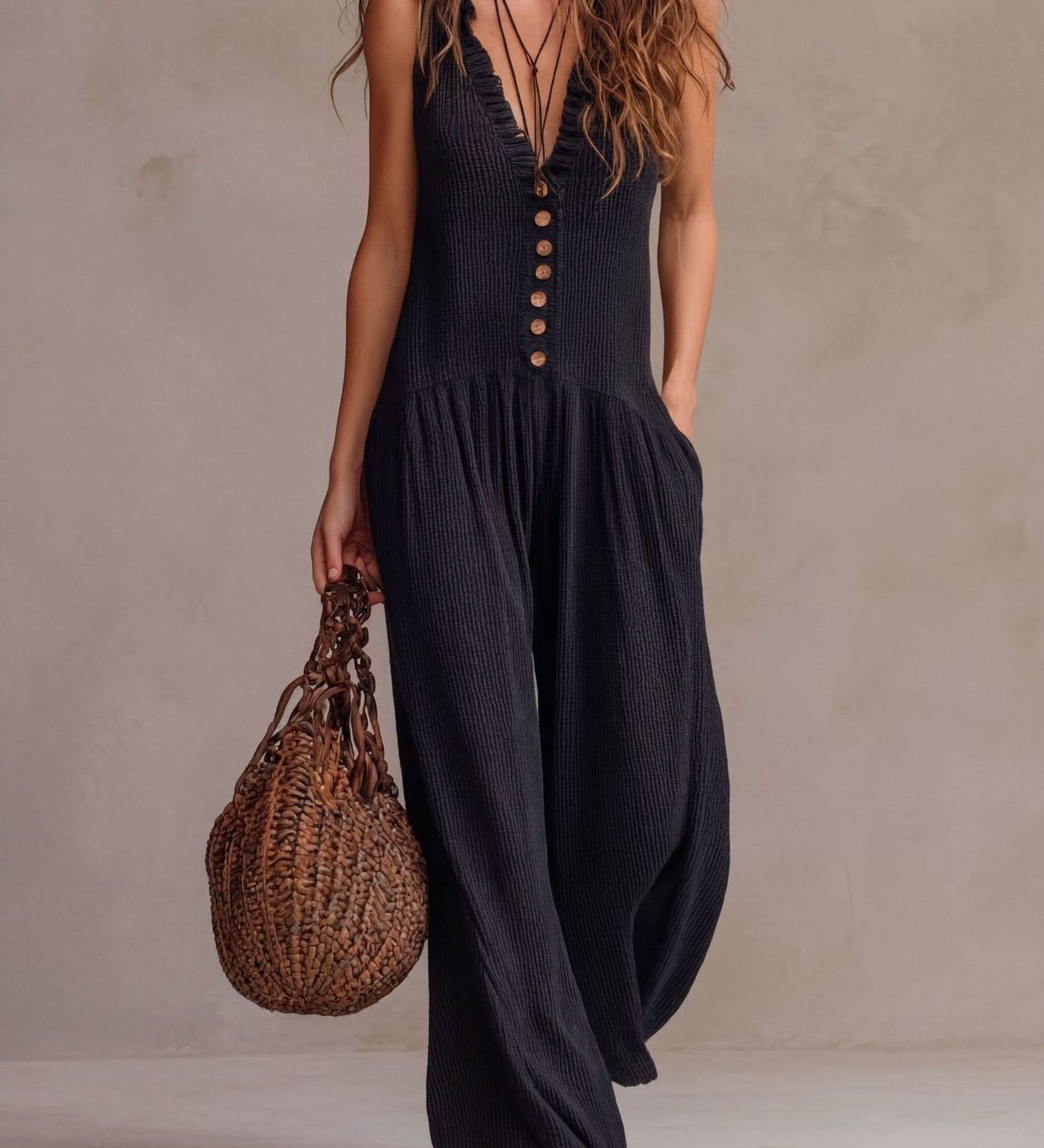Vintage-Inspired Ruffled V-Neck Wide-Leg Jumpsuit