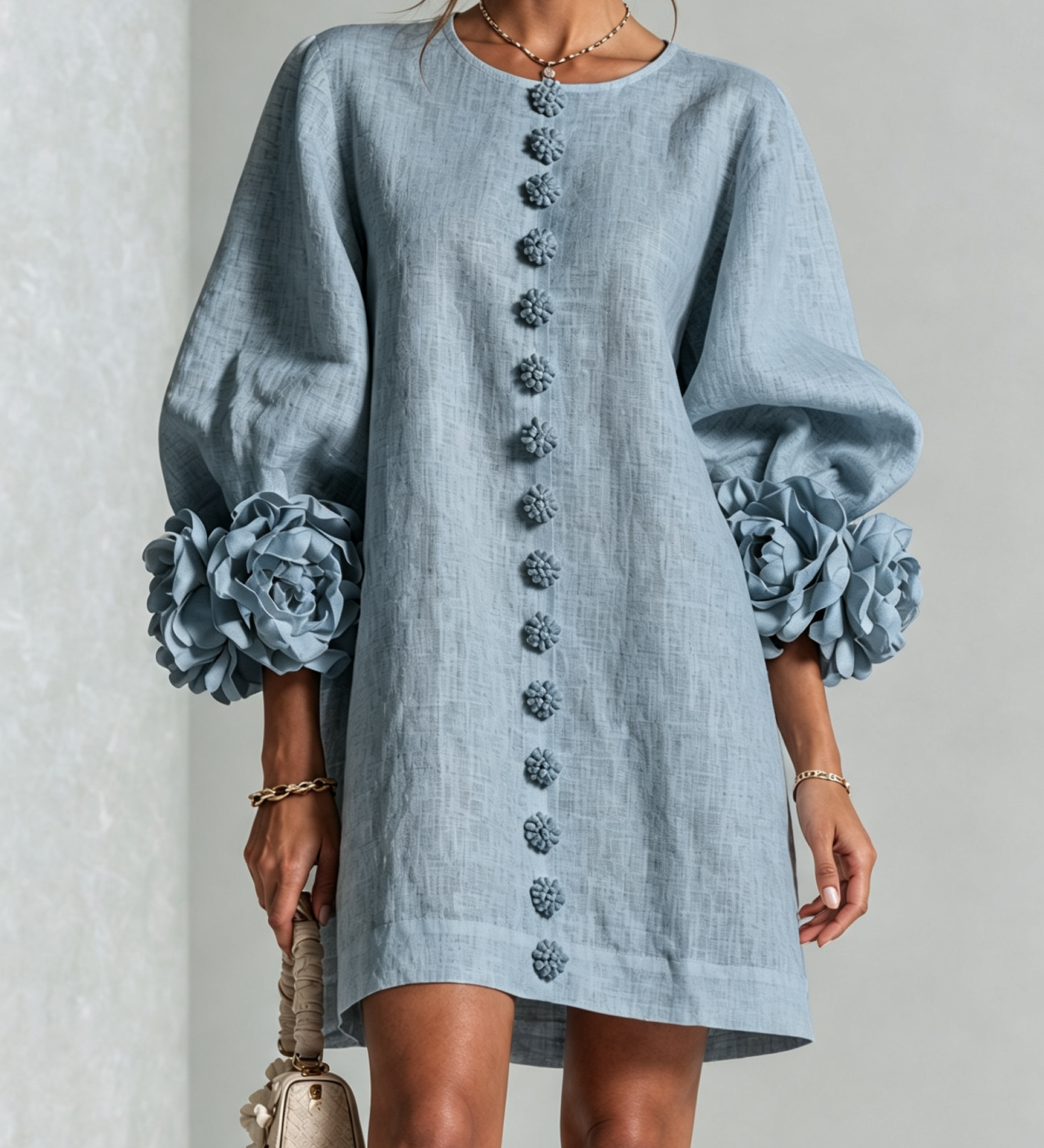 Aurora | Floral-Cuff Button Mini Dress