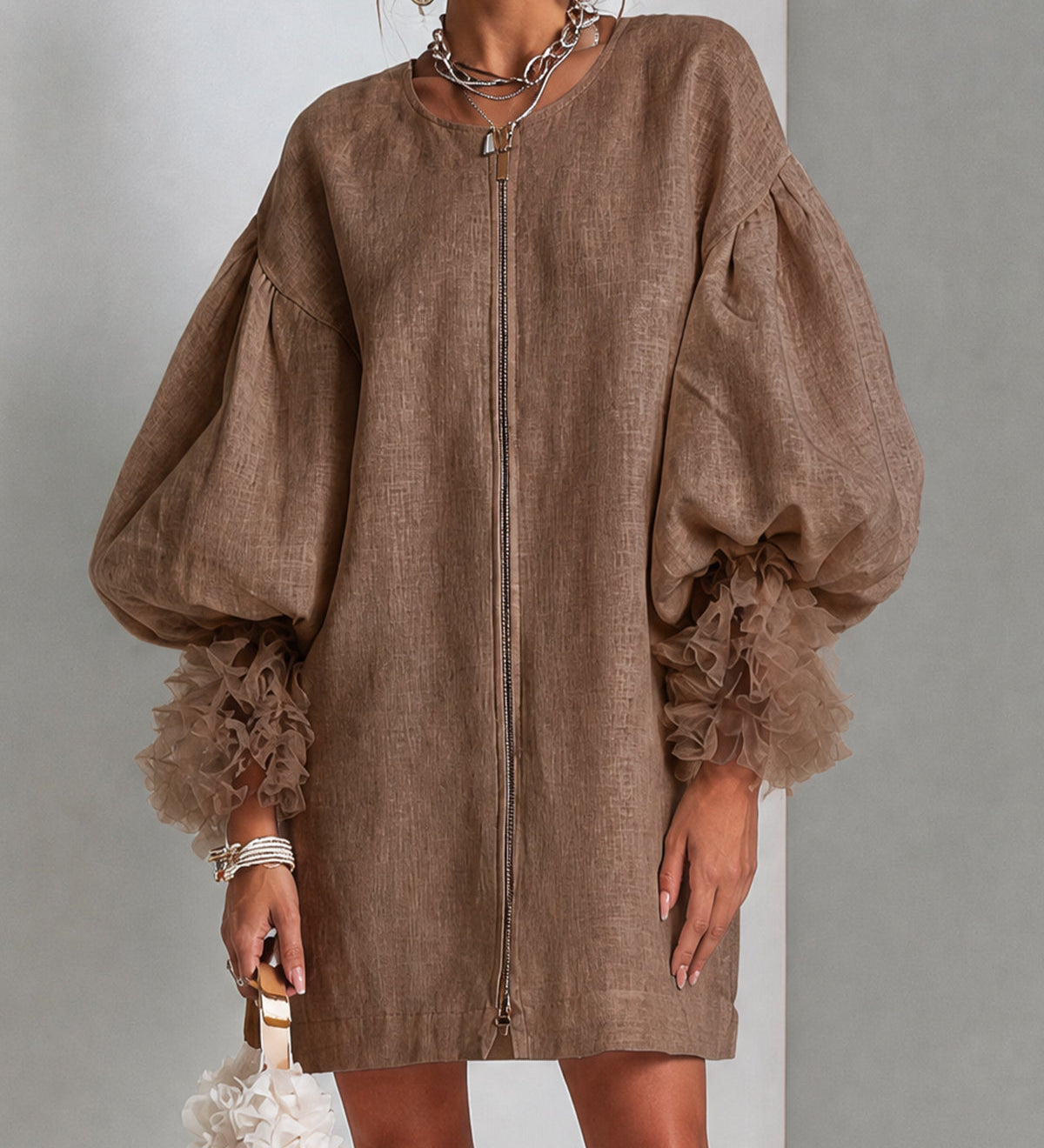 Rebecca | Zip-Front Balloon Sleeve Mini Dress