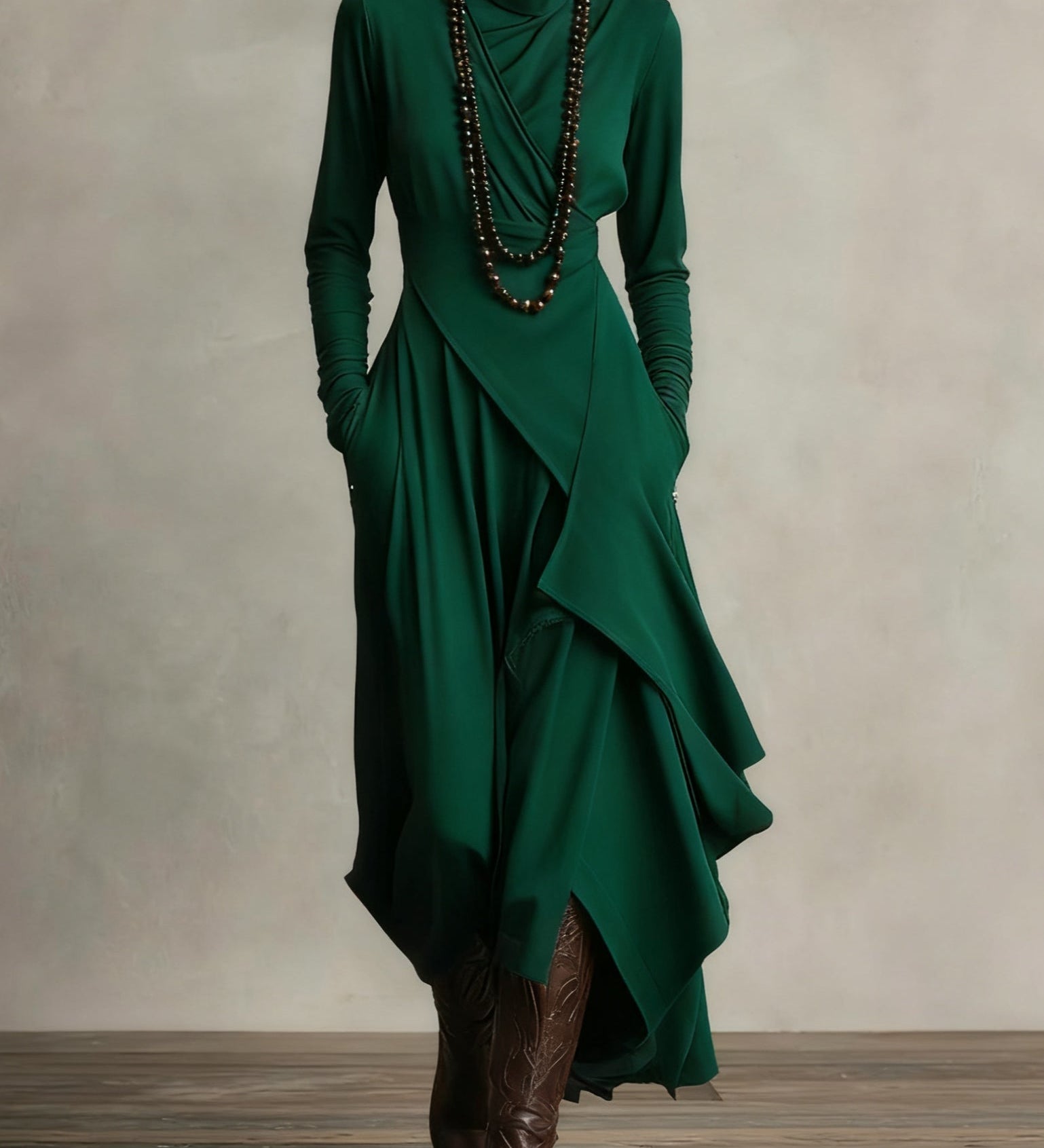 Giorgia - Asymmetrical Maxi Pleated Dress in Purple with High Neck (Necklace not included)