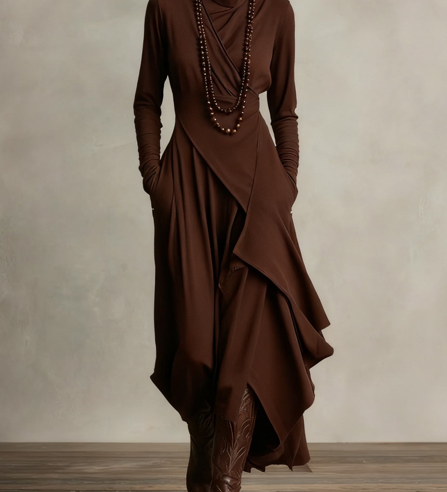 Giorgia - Asymmetrical Maxi Pleated Dress in Purple with High Neck (Necklace not included)