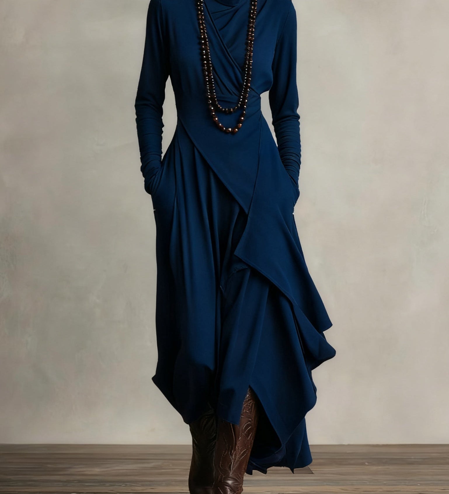 Giorgia - Asymmetrical Maxi Pleated Dress in Purple with High Neck (Necklace not included)