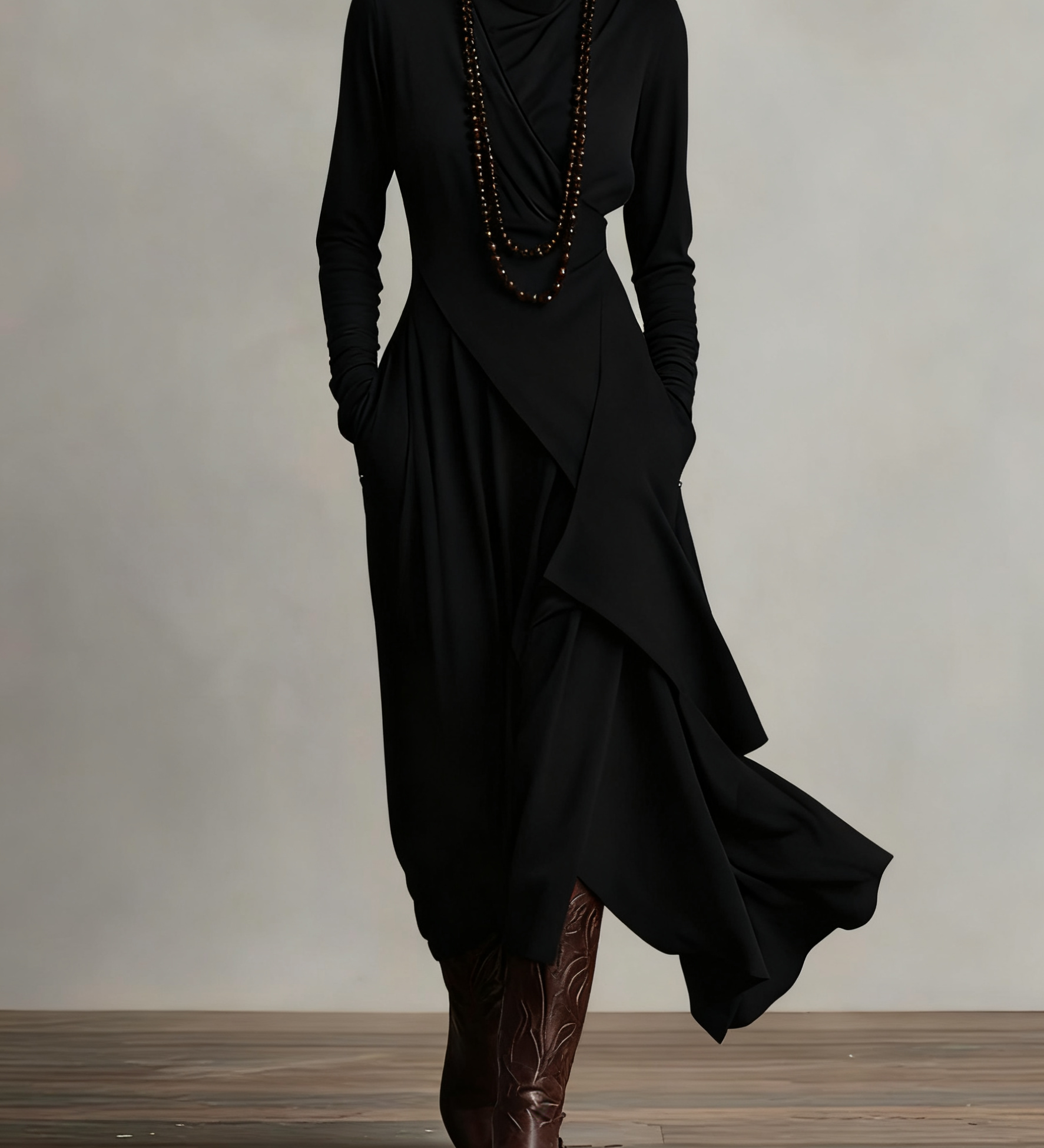 Giorgia - Asymmetrical Maxi Pleated Dress in Purple with High Neck (Necklace not included)