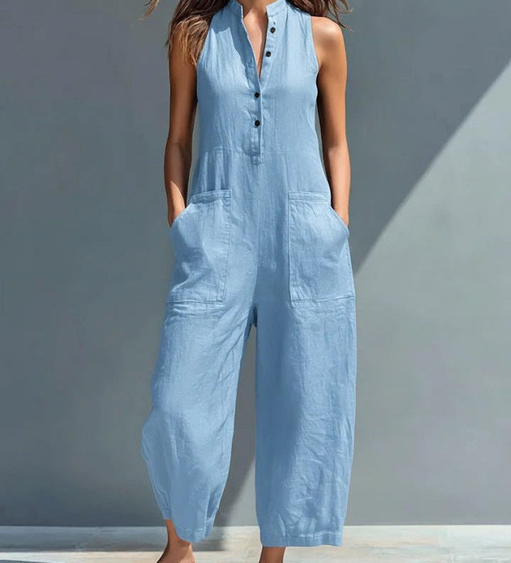 Black Minimalist Sleeveless Jumpsuit with Faux Linen Button-Down Collar and Loose Fit