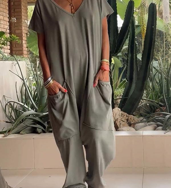 Relaxed V-Neck Solid Jumpsuit