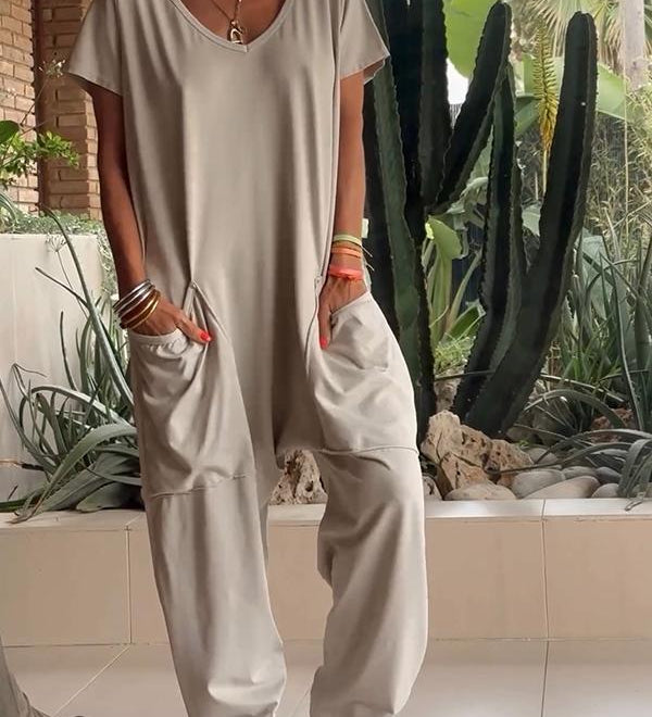 Relaxed V-Neck Solid Jumpsuit
