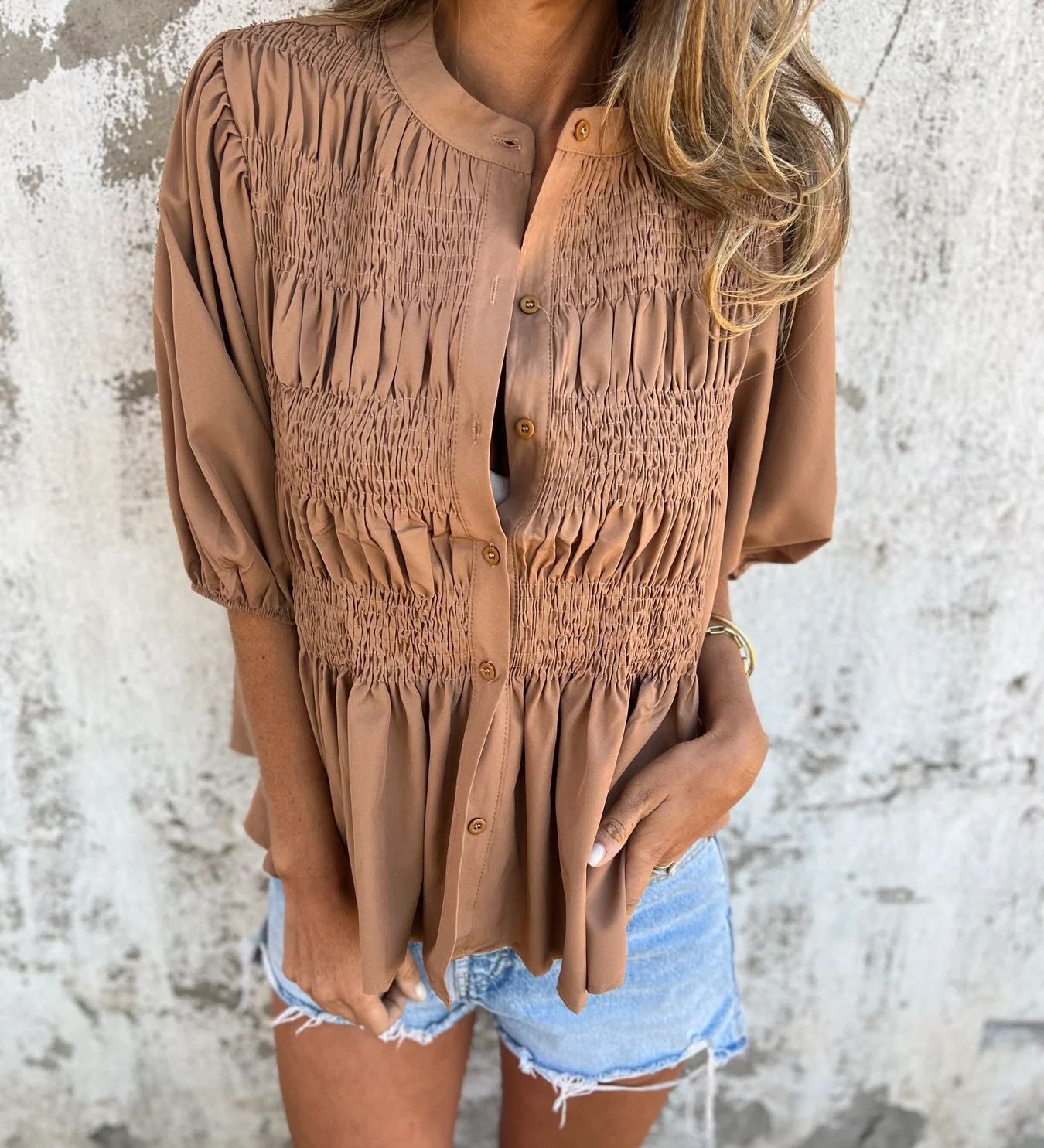Eliza - Pleated Button-Up Blouse