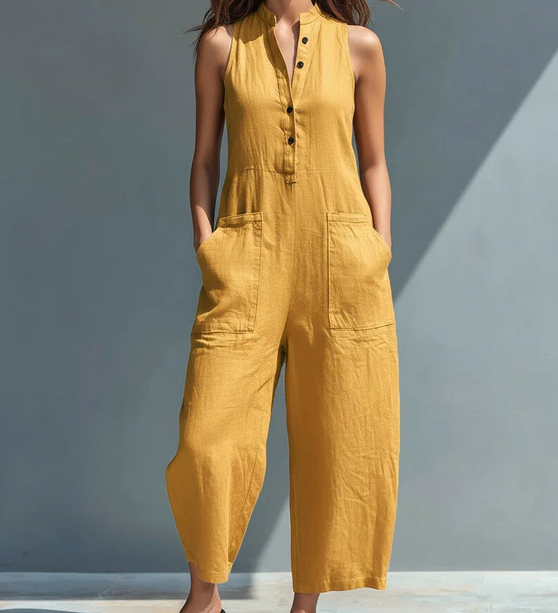 Black Minimalist Sleeveless Jumpsuit with Faux Linen Button-Down Collar and Loose Fit